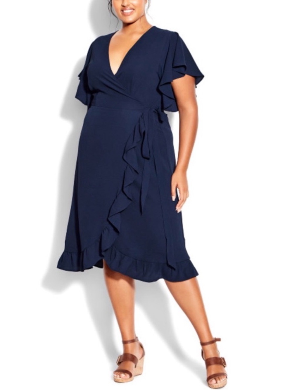LORALETTE | NEW Women's Navy Peacoat It’s A Wrap Ruffle Dress size 22/24 Midi 2X